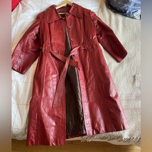 70s Vintage red Genuine Leather trench coat with lining.